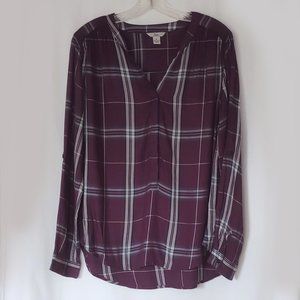 G.H. Bass & Co Plaid Tunic Top Size M Medium Tab Sleeves Plum Teal White Shirt